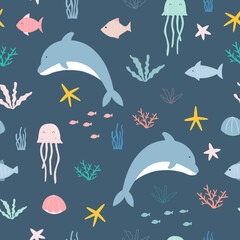 Seamless vector pattern Dolphins floating in the sea with squid and coral