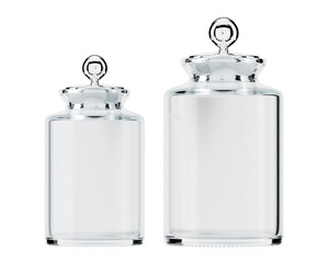 Two empty transparent glass jars with lids on an isolated background. 3D rendering