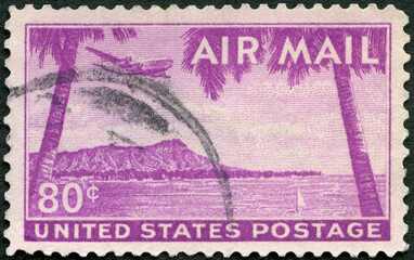 USA - 1949: shows Jet Airliner, Diamond  Head, Honolulu, Hawaii, 1949