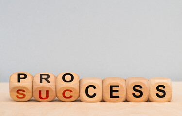 process and success printed on wooden cubes