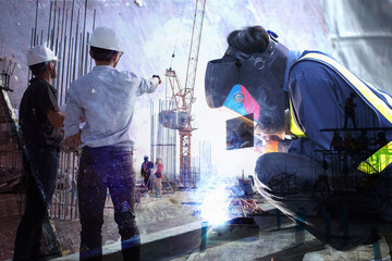 multi exposure of welders who are welding structures and engineers who are supervising the construction as planned in construction site. - obrazy, fototapety, plakaty