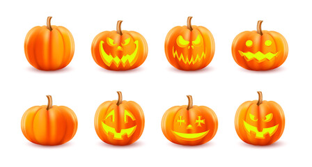 Set pumpkin on white background. Orange pumpkin with design for the holiday Halloween. Vector EPS10
