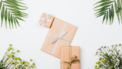 Boxes with gifts on a white table