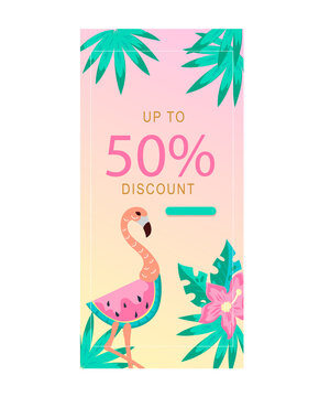 Social media stories summer sale banner with flamingo and tropical leaves. Background template for social media stories and posts, flat vector illustration.