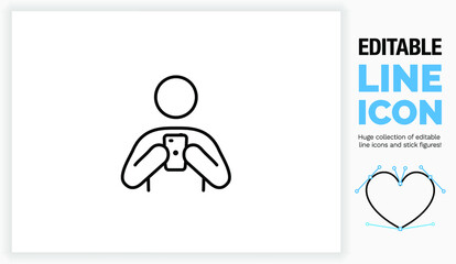 Editable line icon of a stick figure on his phone