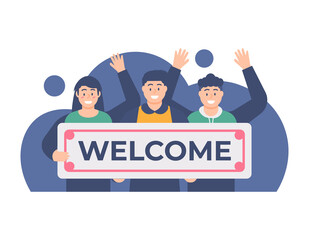 the concept of welcoming new team members or celebrating new employees. Illustration of a team holding a welcome board. flat design. can be used for elements, landing pages, UI, websites.