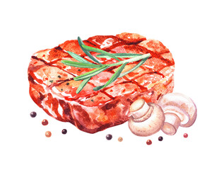 Grilled beef steak and vegetables. Watercolor hand drawn illustration, isolated on white background