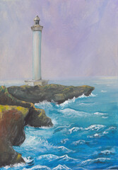 Gouache painting of a lighthouse on rocks. Bright blue sea with foamy waves. Colorful peaceful & calm landscape. Vertical hand drawn illustration. Seascape serene meditative nature background.