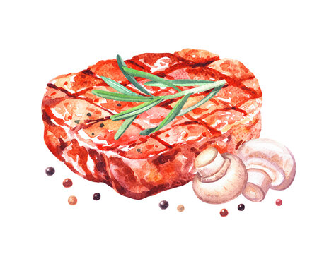 Grilled beef steak and vegetables. Watercolor hand drawn illustration, isolated on white background