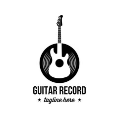 Vinyl record and electric guitar logo template. Guitar music disc vector design. Gramophone vinyl record logotype