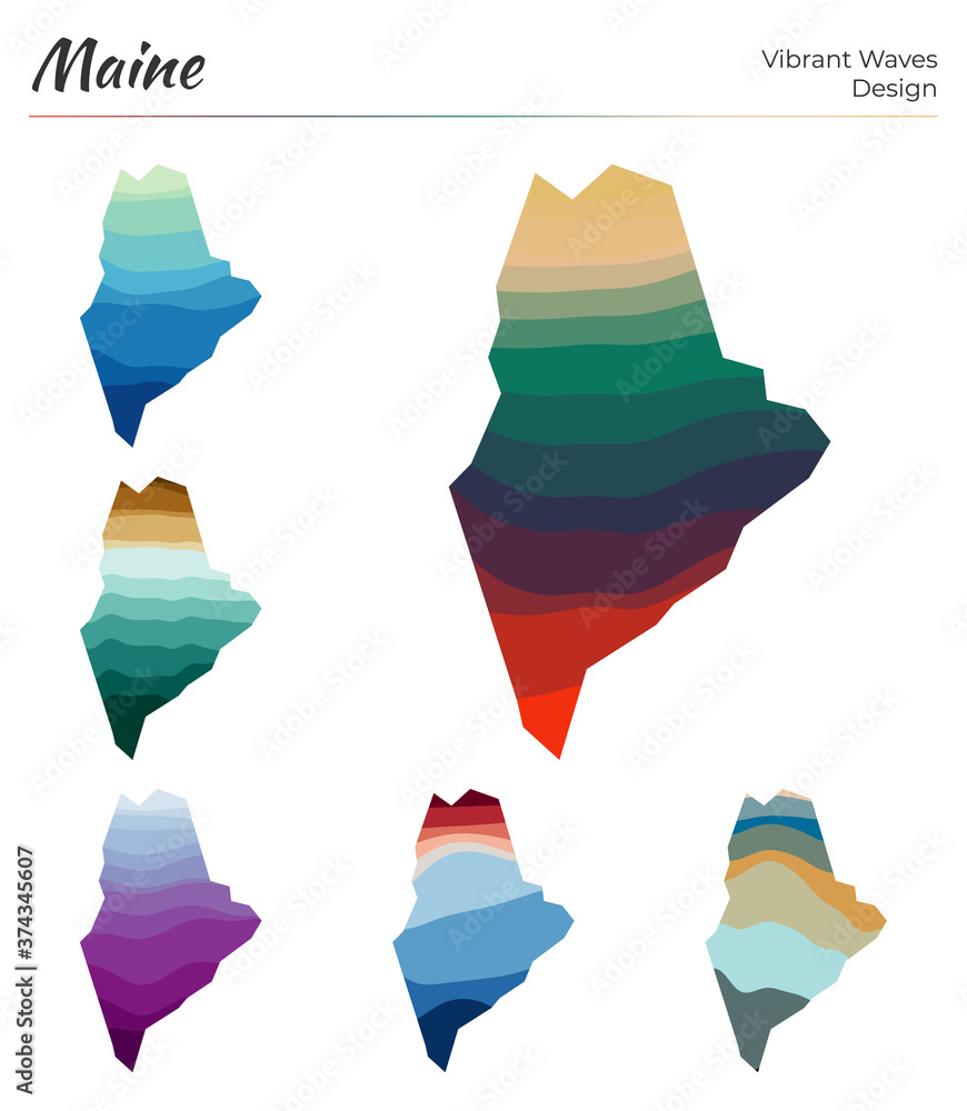 Poster set of vector maps of maine. vibrant waves design. bright map of us state in geometric smooth curves