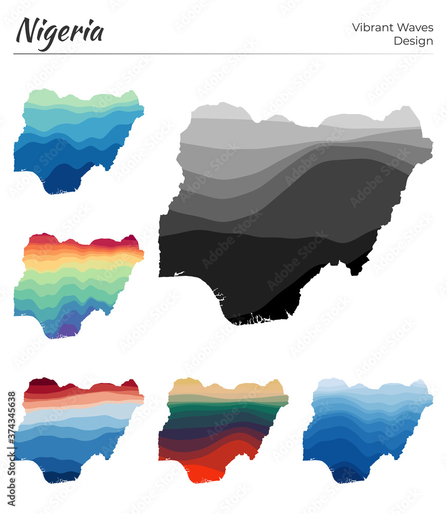 Poster set of vector maps of nigeria. vibrant waves design. bright map of the country in geometric smooth c