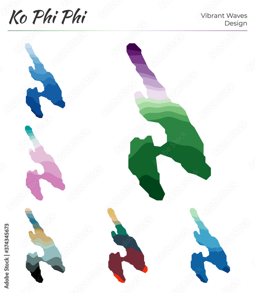 Aufkleber set of vector maps of ko phi phi. vibrant waves design. bright map of island in geometric smooth cur