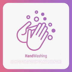 Hand washing with soap thin line icon. Vector illustration of disinfection and hygiene for health.