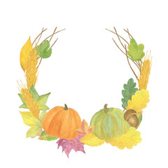 Autumn leaves, acorns, pumpkins and wheat round wreath watercolor seasonal fall floral illustration, romantic vintage rustic circle frame for autumn holidays celebration design