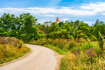 Landscape of Somartin village with the tower of the fortified evangelical church seen beyound trees in Somartin village, Sibiu county, Transylvania, Romania
