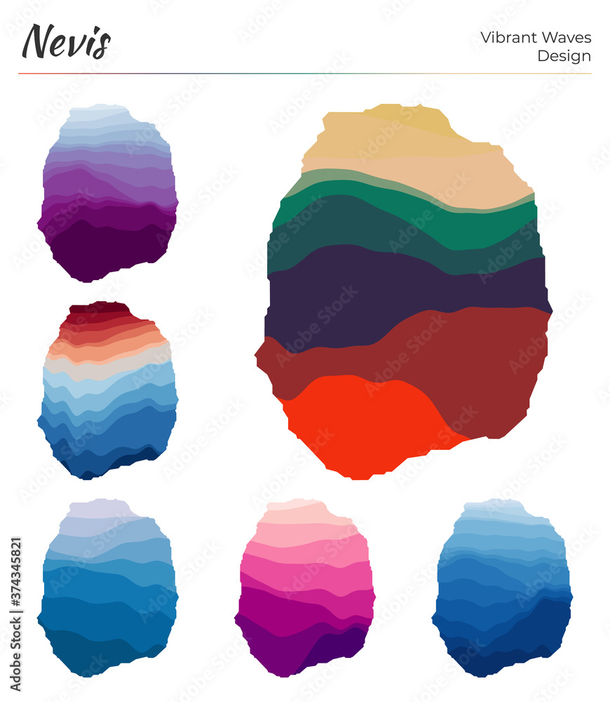Poster set of vector maps of nevis. vibrant waves design. bright map of island in geometric smooth curves s