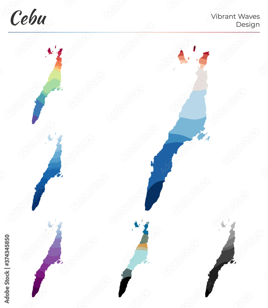 Poster set of vector maps of cebu. vibrant waves design. bright map of island in geometric smooth curves st