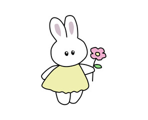 Cute cartoon character rabbit princess. Bunny girl with flowers and in a dress. Isolated drawing on a white background for a children's poster or greeting card.