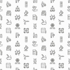 Vaccine seamless pattern with thin line icons: syringe and ampoule, laboratory test, immune system, injection in forearm, covid-19 test, vaccine trials, timetable, ai. Vector illustration.