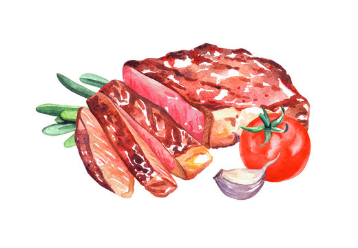 Grilled beef steak. Watercolor hand drawn illustration, isolated on white background