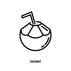 Coconut drink with straw thin line icon. Exotic fruit. Healthy organic food. Vector illustration.