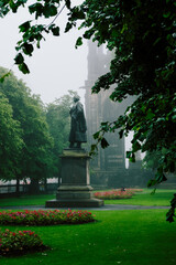 Monument around the fog of the city