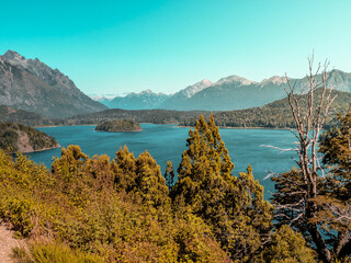 View from the mountain of the Moreno's lake with forest and high mountains in the background. Bariloche, Patagonia, Argentina.