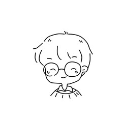 drawing of a boy,  painted character of a small schoolboy wearing glasses and with a backpack, children's illustration