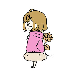 A smartly dressed cute young girl with long hair, holding a bouquet of flowers.  illustration for greeting cards, invitations and other projects.