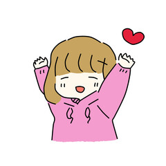 Very happy girl running triumphantly raising his hand up.  cartoon character on a white background. Blond girl in blue dress. Happy childhood. Children's joy.