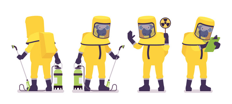 Man wearing yellow hazmat protective clothing holding sprayer, radiation sign. Worker in level A suit, coverall, chemical resistant gloves, breathing apparatus. Vector flat style cartoon illustration