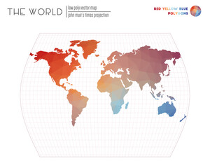 Abstract world map. John Muir's Times projection of the world. Red Yellow Blue colored polygons. Modern vector illustration.