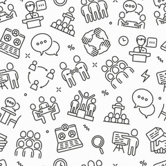 Meeting seamless pattern with thin line icons: speaker, communication, collaboration, teamwork, brainstorm, online meeting, conference, presenter, gathering, interview. Vector illustration.