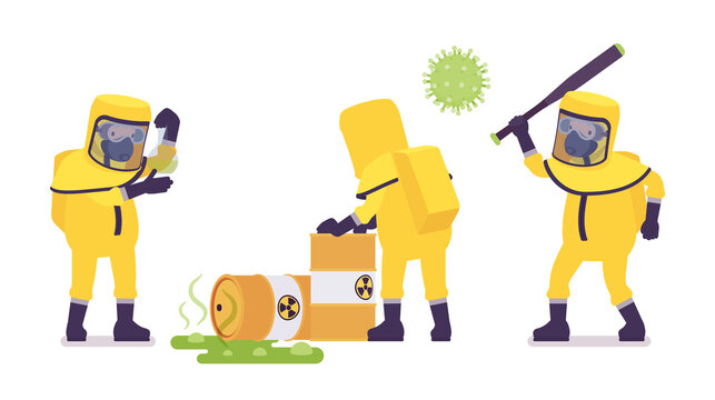 Man wearing hazmat protective clothing, virus fight, radiation barrel accident. Worker in level A suit, coverall, chemical resistant gloves, breathing apparatus. Vector flat style cartoon illustration