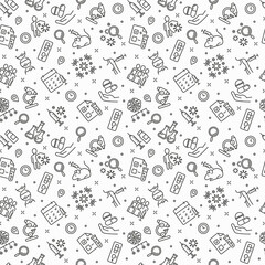 Vaccine seamless pattern with thin line icons: syringe and ampoule, laboratory test, immune system, injection in forearm, covid-19 test, vaccine trials, timetable. Vector illustration.