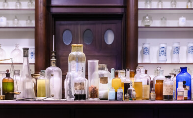 Santiago de Compostela, Spain - 10.16.2019: Medicine bottles on a table in a historic pharmacy in...
