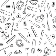 Stationery items hand drawn vector pattern. School and office supplies. Writing accessories. Design elements for patterns, ads, icons, prints, wrapping paper, cover, textile, packaging.