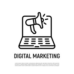 Digital marketing thin line icon. Open laptop with megaphone. Advertising in social media. Online strategy for promotion. Vector illustration.