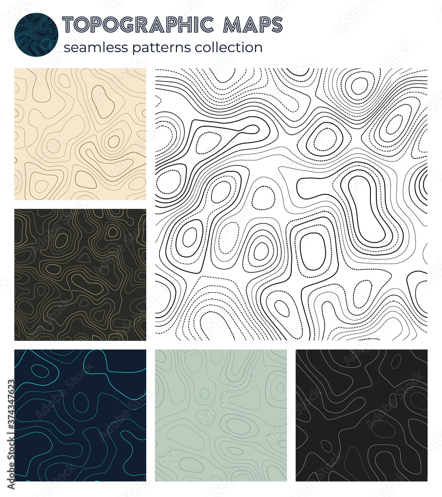 Poster topographic maps. appealing isoline patterns, seamless design. cool tileable background. vector illu