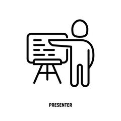 Presenter, lecturer, teacher, trainer thin line icon. Man demonstrates information on board. Vector illustration.