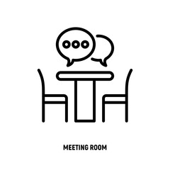 Meeting room thin line icon: office desk, chairs and speech bubbles. Teamwork, brainstorming, communication, cooperation. Vector illustration.