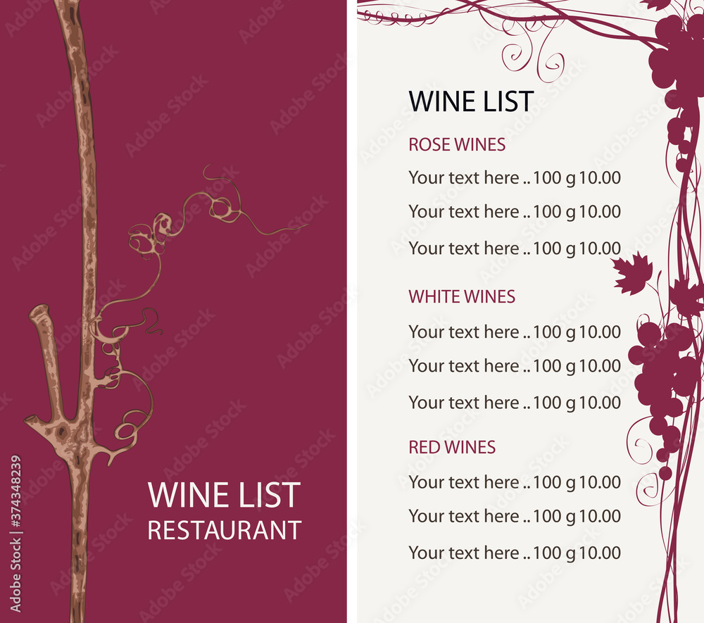 Poster wine list for restaurant or cafe. vector illustration with a grapevine, bunches of grapes and a pric