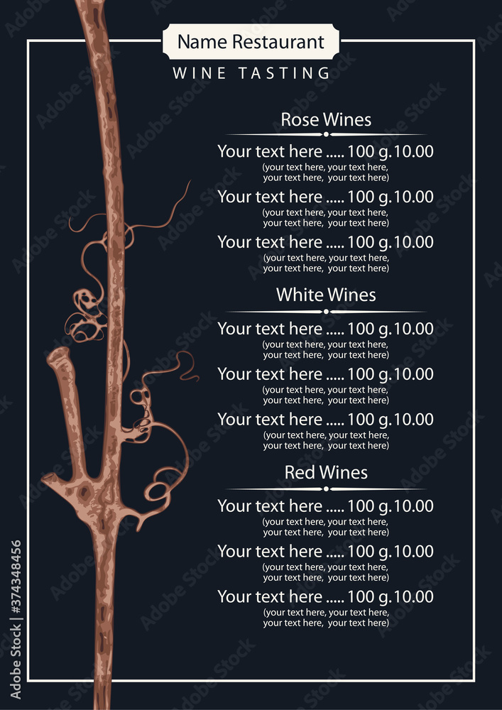 Poster wine list or testing for a restaurant or cafe. vector illustration with a dry vine branch and a pric