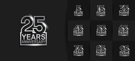 Anniversary logotype set with silver color on black background. vector design for celebration purpose, greeting, invitation card and special event