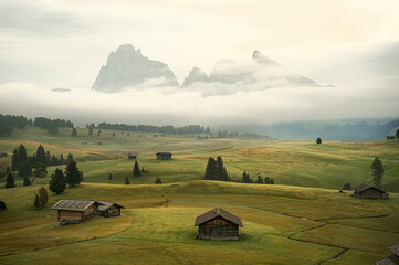 Nebellandschaft auf der Alm mit Hütten, Bäume und Berge