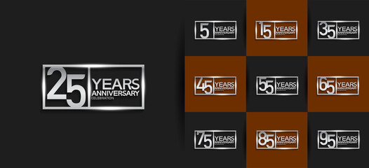 Anniversary logotype set with silver color on black and brown background. vector design for celebration purpose, greeting, invitation card and special event