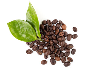 coffee beans with green leaves isolated on a white background, top view