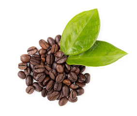 coffee beans with green leaves isolated on a white background, top view