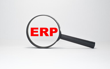 ERP the word on wooden cubes, cubes stand on a reflective surface, in the background is a business diagram. Business and finance concept